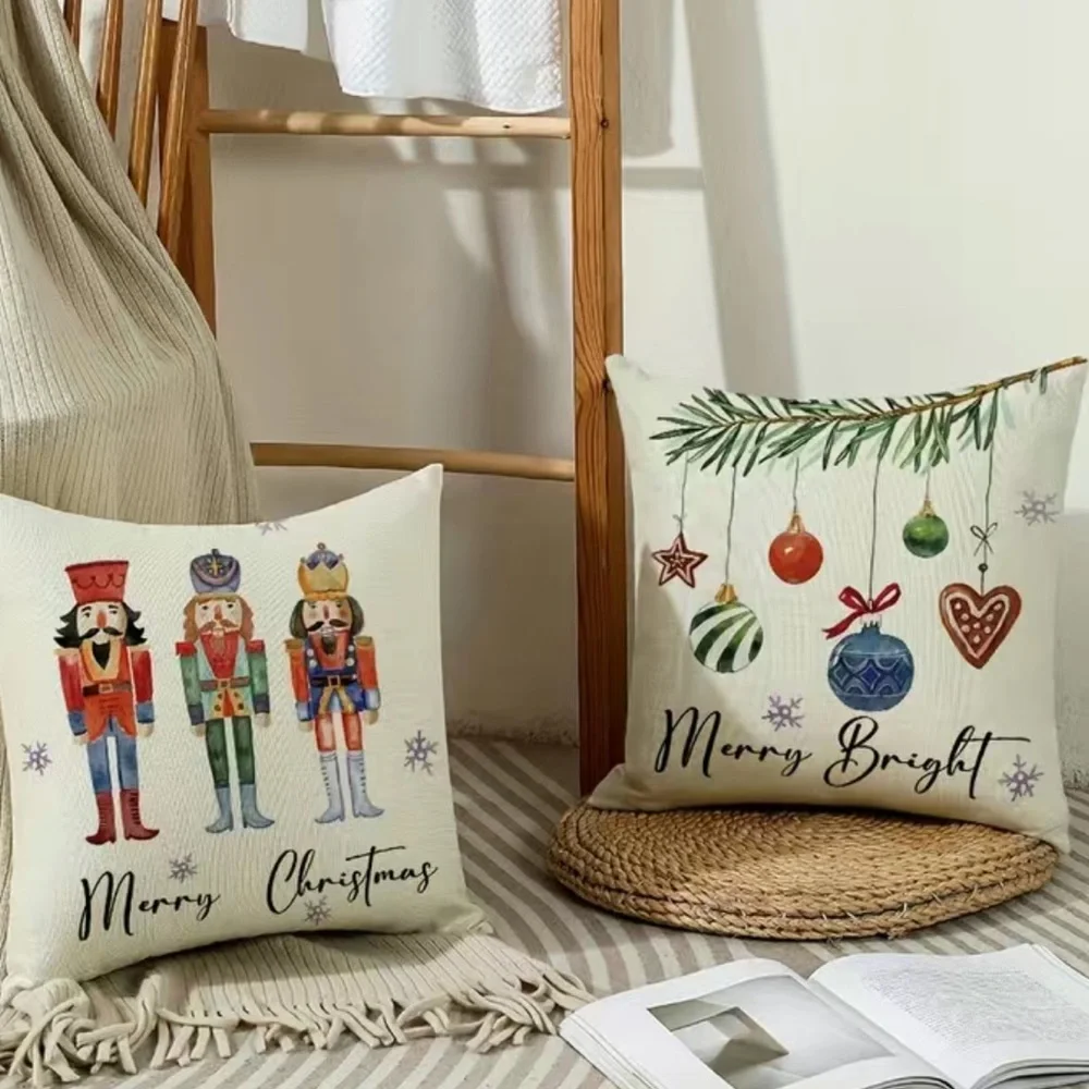 Christmas Pillowcase Merry and Bright 17.7*17.7 In Linen Blend Pillow Cover